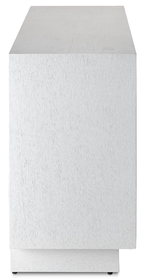 Morombe White Credenza - Elevate Your Space with Elegant Cerused Finish & Soft Close Doors, 84" Wide