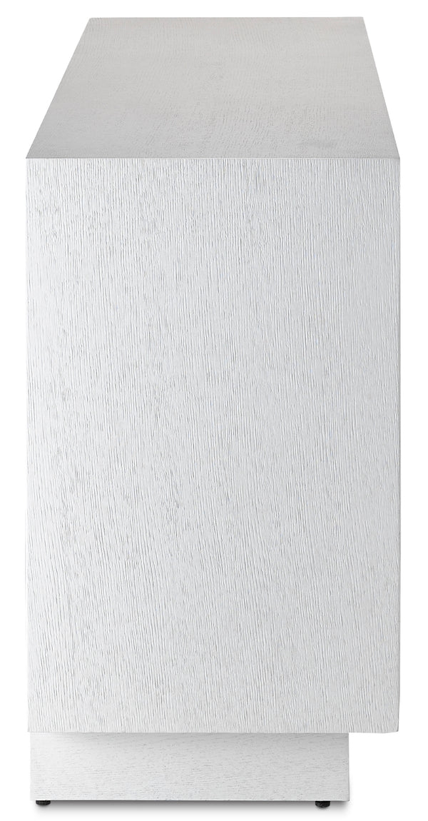 Morombe White Credenza - Elevate Your Space with Elegant Cerused Finish & Soft Close Doors, 84" Wide