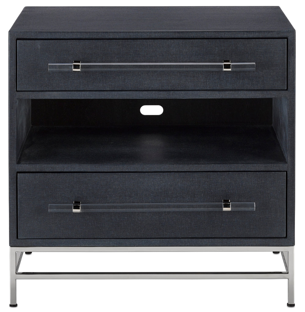 Marcel Nightstand - Chic Navy Lacquered Linen Design with Soft Close Drawers & Polished Nickel Accents