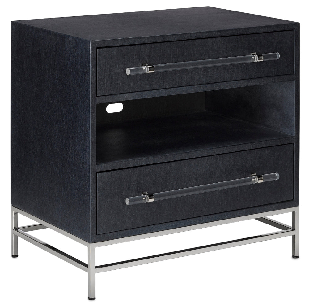 Marcel Nightstand - Chic Navy Lacquered Linen Design with Soft Close Drawers & Polished Nickel Accents