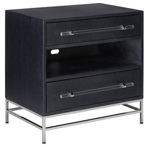 Marcel Nightstand - Chic Navy Lacquered Linen Design with Soft Close Drawers & Polished Nickel Accents