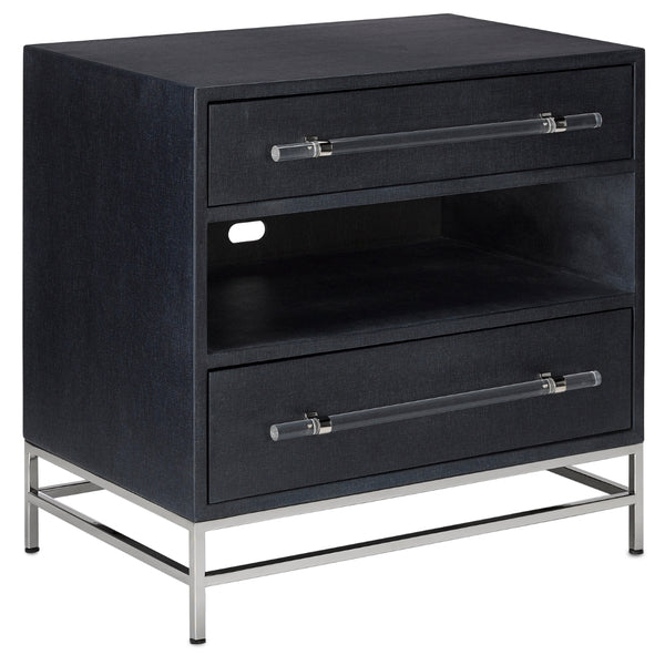 Marcel Nightstand - Chic Navy Lacquered Linen Design with Soft Close Drawers & Polished Nickel Accents