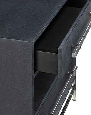 Marcel Nightstand - Chic Navy Lacquered Linen Design with Soft Close Drawers & Polished Nickel Accents