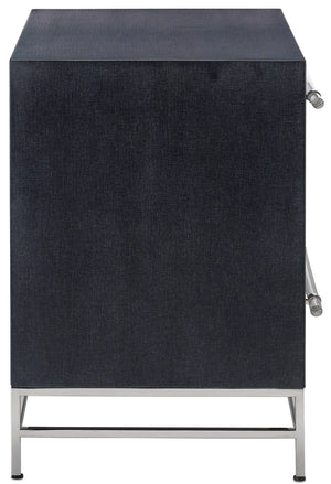 Marcel Nightstand - Chic Navy Lacquered Linen Design with Soft Close Drawers & Polished Nickel Accents