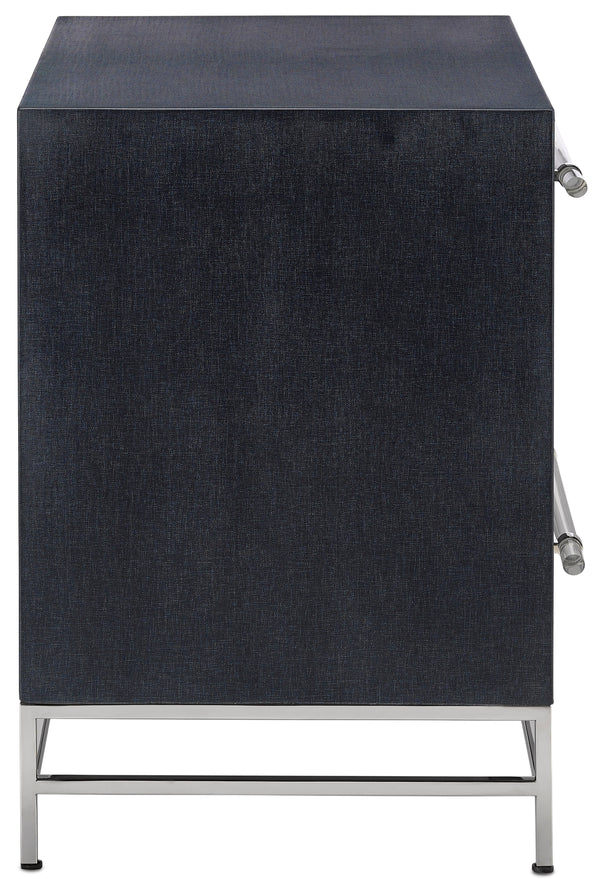 Marcel Nightstand - Chic Navy Lacquered Linen Design with Soft Close Drawers & Polished Nickel Accents