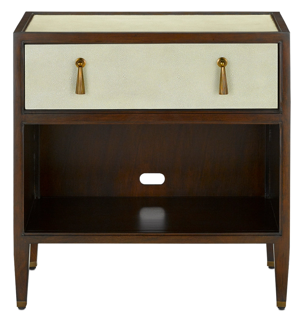 Evie Shagreen Nightstand with Soft Close Drawer, Brass Accents, and Elegant Ivory Finish for Style