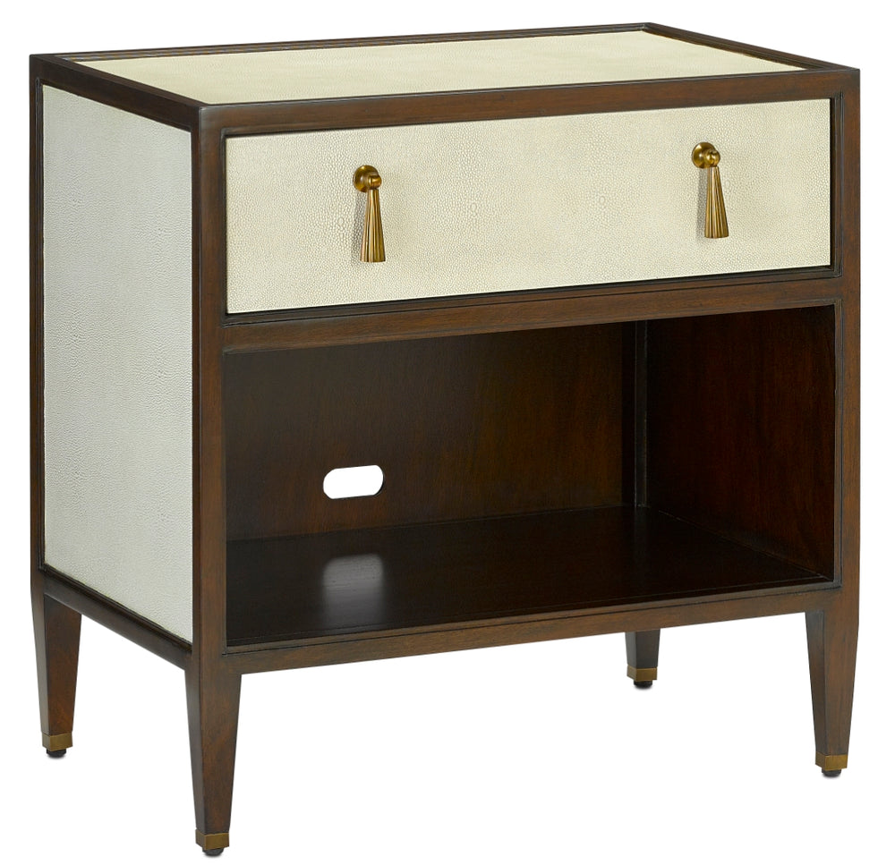 Evie Shagreen Nightstand with Soft Close Drawer, Brass Accents, and Elegant Ivory Finish for Style