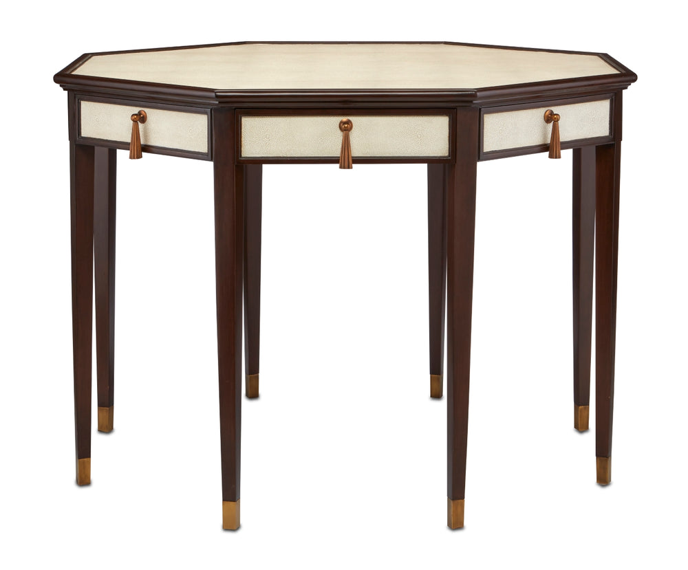 Evie Shagreen Entry Table with 4 Soft Close Drawers, Vintage Inspired Design & Brass Accents