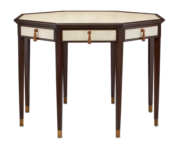 Evie Shagreen Entry Table with 4 Soft Close Drawers, Vintage Inspired Design & Brass Accents
