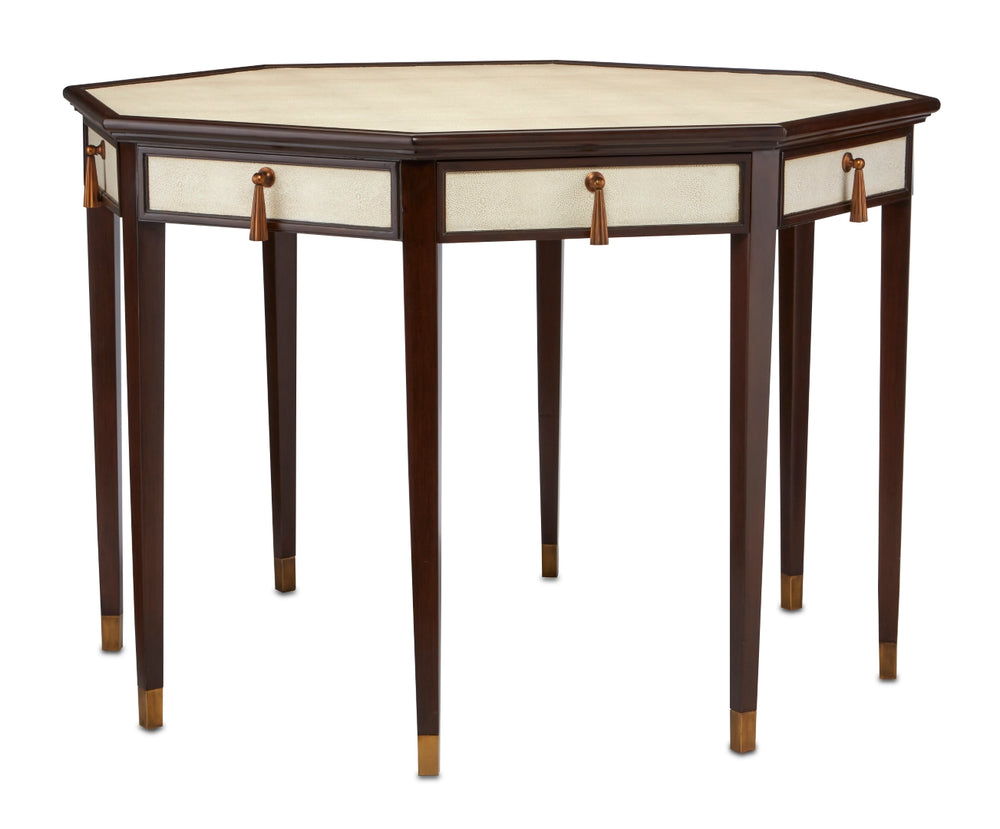 Evie Shagreen Entry Table with 4 Soft Close Drawers, Vintage Inspired Design & Brass Accents