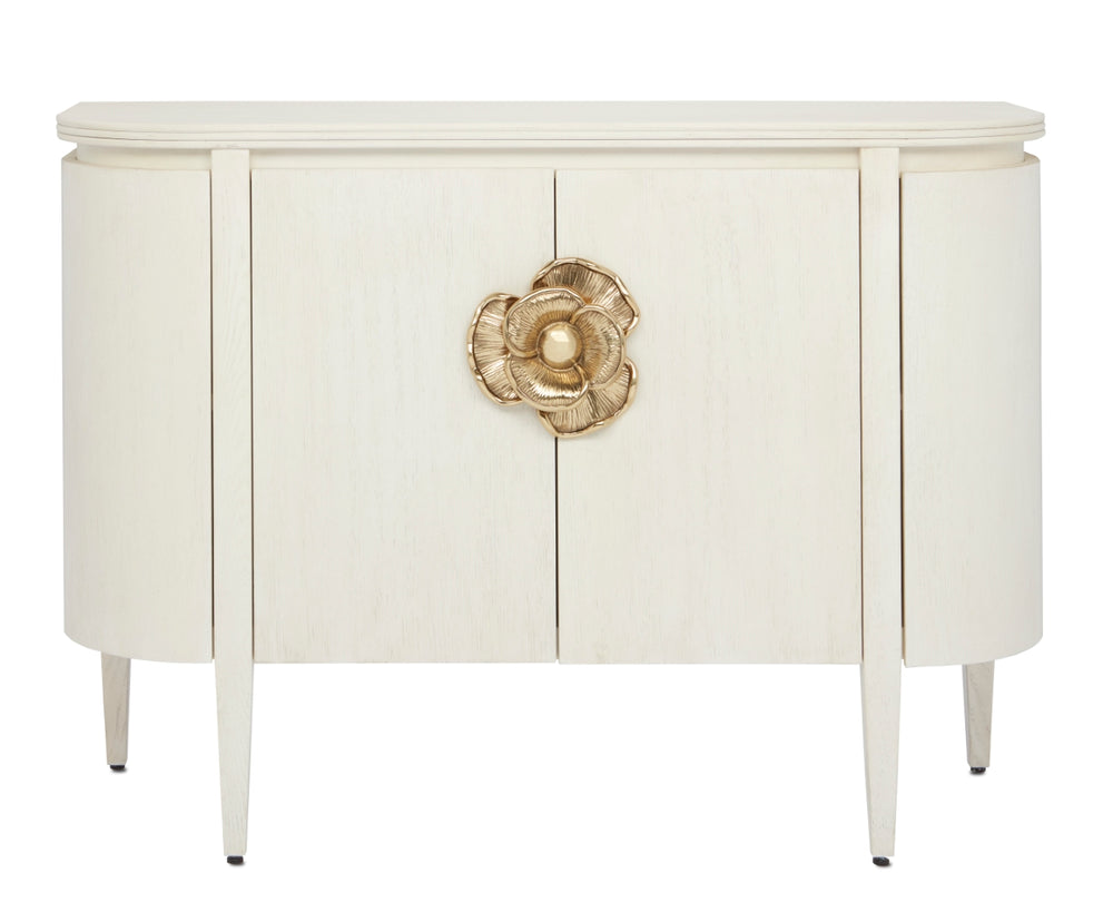 Briallen White Demi-Lune Cabinet - Elegant Cerused Oak with Brass Floral Pull, Soft Close Doors & Safety Features