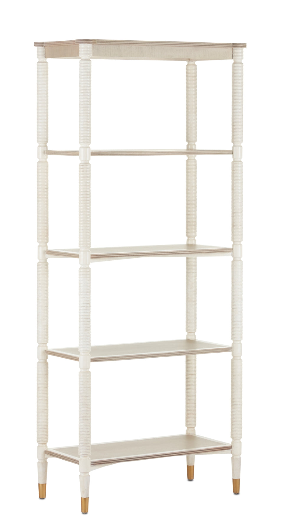 Aster Etagere - Elegant Mahogany & Oak Shelf Unit in Off-White/Fog Finish with Brass Accents