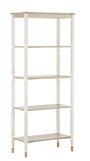 Aster Etagere - Elegant Mahogany & Oak Shelf Unit in Off-White/Fog Finish with Brass Accents
