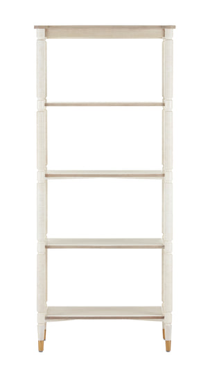 Aster Etagere - Elegant Mahogany & Oak Shelf Unit in Off-White/Fog Finish with Brass Accents