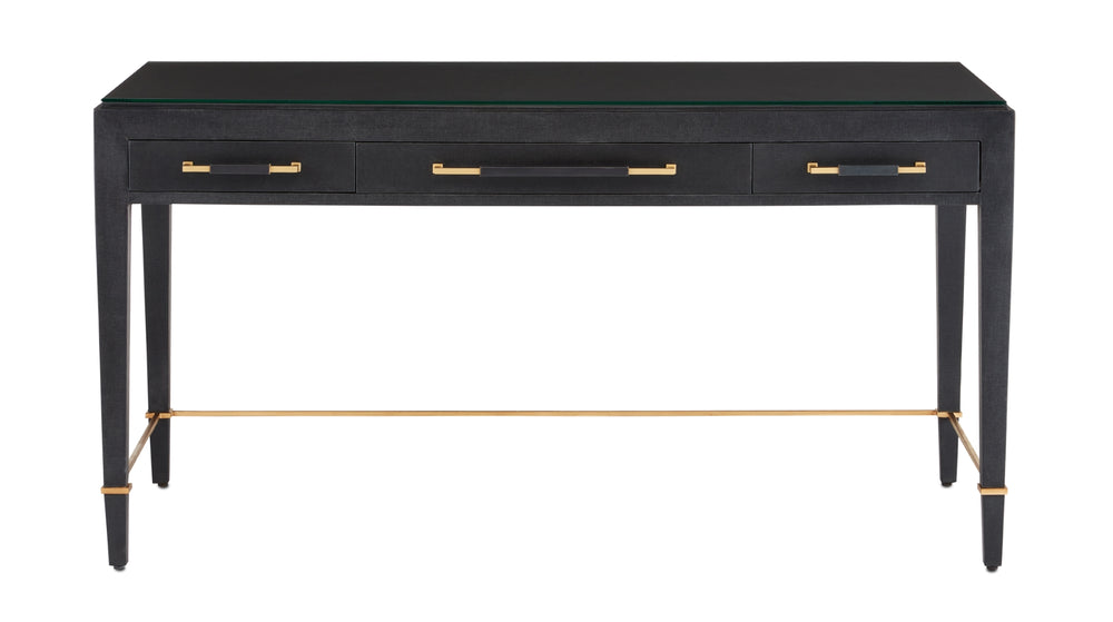 Verona Black Large Desk - Elegant Mahogany Design with Gold Accents, Soft-Close Drawers & More!