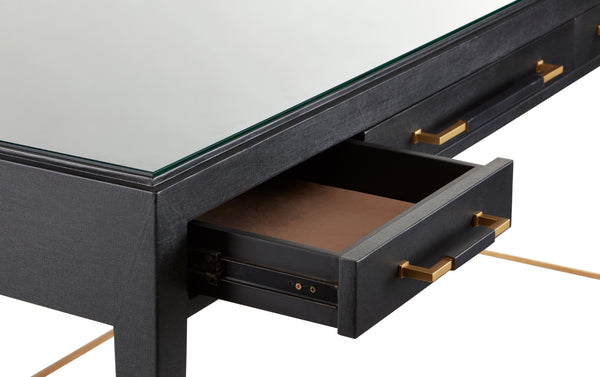 Verona Black Large Desk - Elegant Mahogany Design with Gold Accents, Soft-Close Drawers & More!