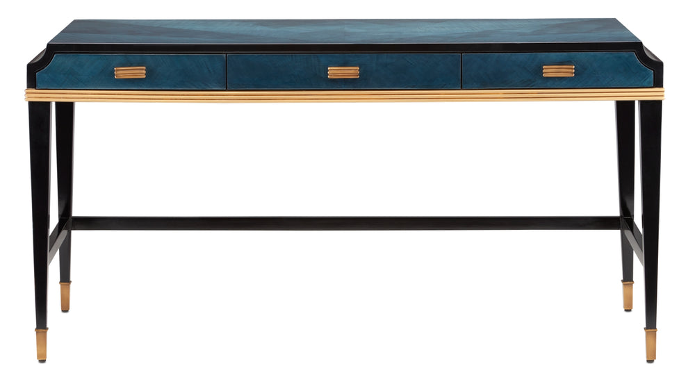 Kallista Large Desk - Elegant Dark Sapphire & Caviar Black Finish with Antique Brass Accents