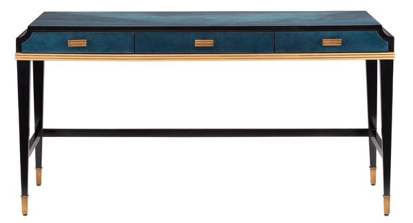 Kallista Large Desk - Elegant Dark Sapphire & Caviar Black Finish with Antique Brass Accents