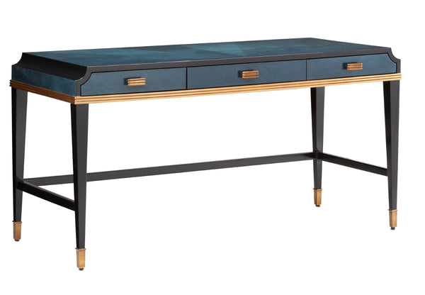 Kallista Large Desk - Elegant Dark Sapphire & Caviar Black Finish with Antique Brass Accents