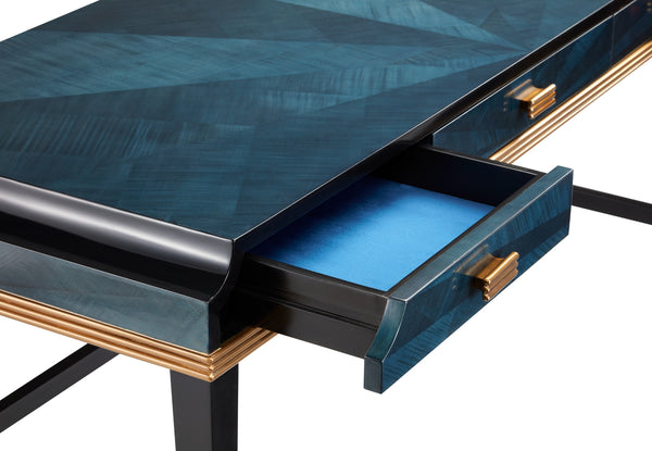 Kallista Large Desk - Elegant Dark Sapphire & Caviar Black Finish with Antique Brass Accents