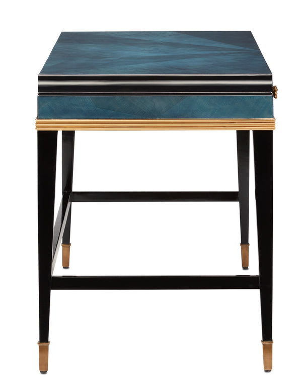 Kallista Large Desk - Elegant Dark Sapphire & Caviar Black Finish with Antique Brass Accents