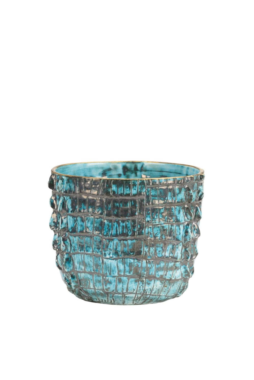 Coccodrillo Unique Turquoise Glazed Cachepot - Handcrafted Ceramic with Crocodile Texture Accent