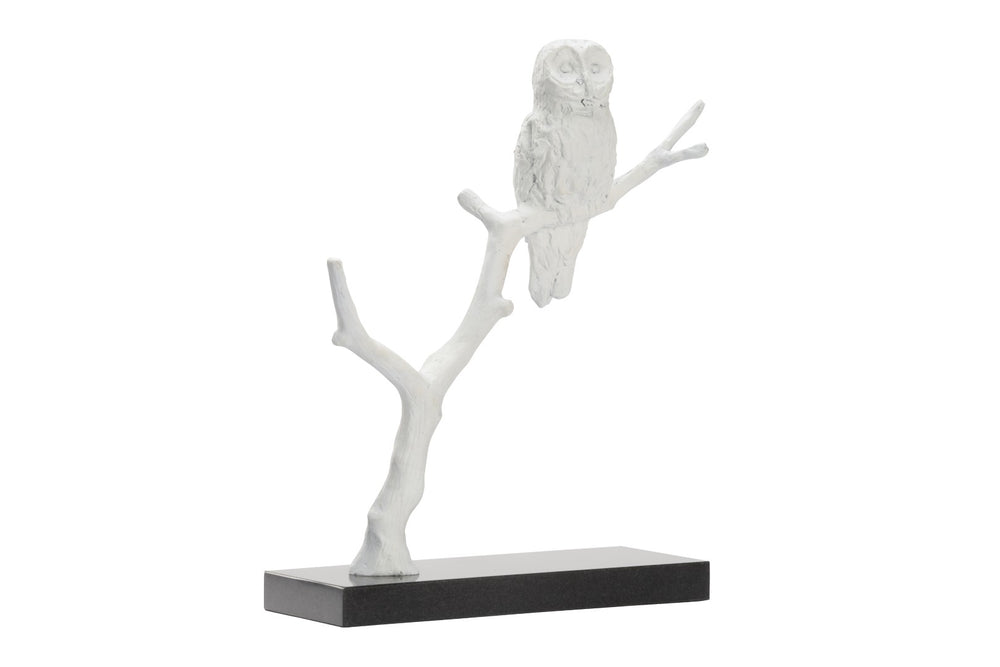 Bog Garden Winter Visitor - Elegant Matte White Snow Owl Sculpture on Black Marble Base for Home Decor