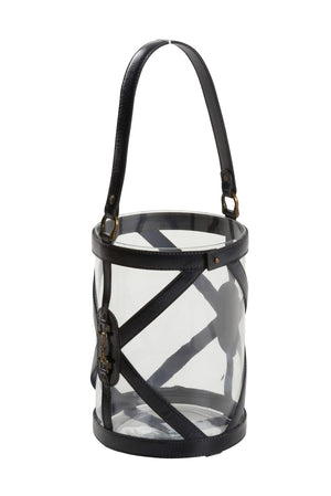 Aberdeen Blue Hurricane Candle Holder - Rustic Leather & Glass Lighting for Ambient Elegance