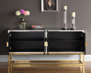 Marbella Glass / Engineered Wood / Stainless Steel Contemporary  Sideboard/Buffet - 64" W x 16" D x 31" H