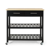 Neffs Contemporary Kitchen Cart with Wheels, Natural and Black Noble House