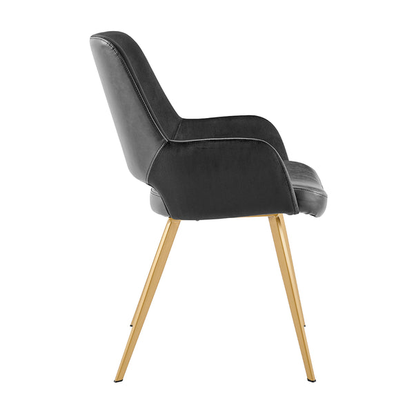 Desi Armchair in Black Velvet Fabric and Leatherette with Matte Brushed Gold Base