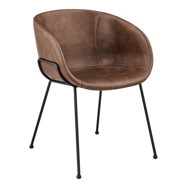 Zach Armchair with Brown Leatherette and Matte Black Powder Coated Steel Frame and Legs - Set of 2