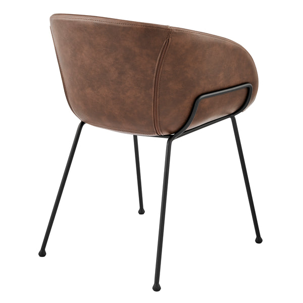 Zach Armchair with Brown Leatherette and Matte Black Powder Coated Steel Frame and Legs - Set of 2