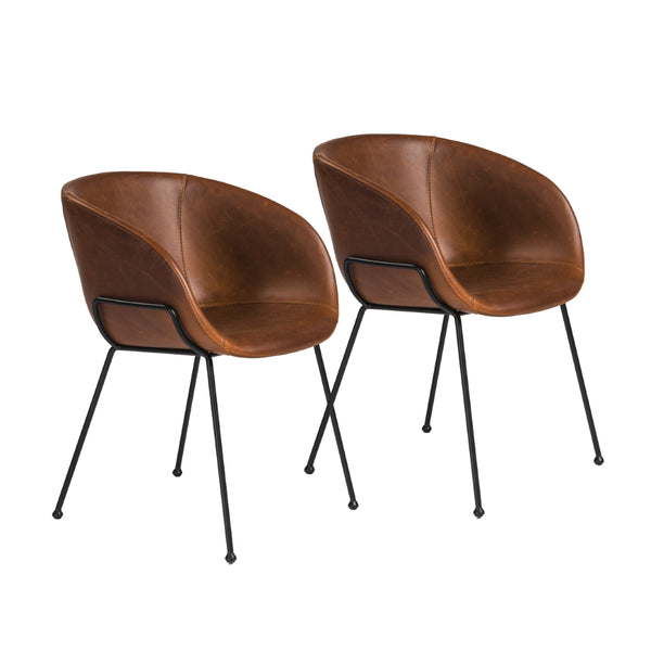 Zach Armchair with Dark Brown Leatherette and Matte Black Powder Coated Steel Frame and Legs - Set of 2