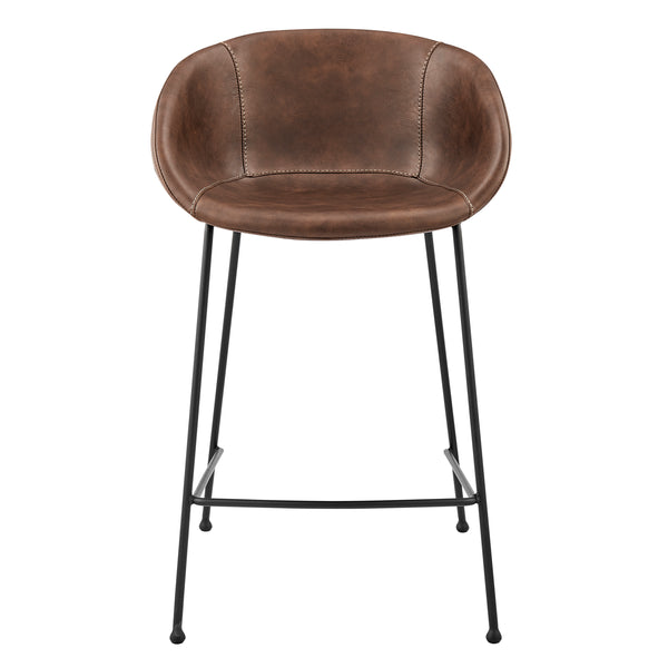 Zach Counter Stool with Brown Leatherette and Matte Black Powder Coated Steel Frame and Legs - Set of 2