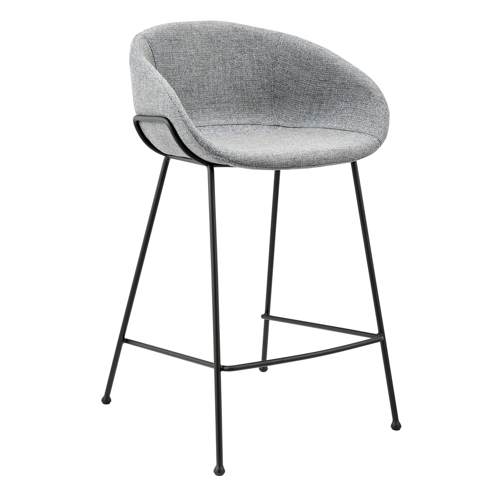 Zach Counter Stool with Gray-Blue Fabric and Matte Black steel frame and legs - Set of 2