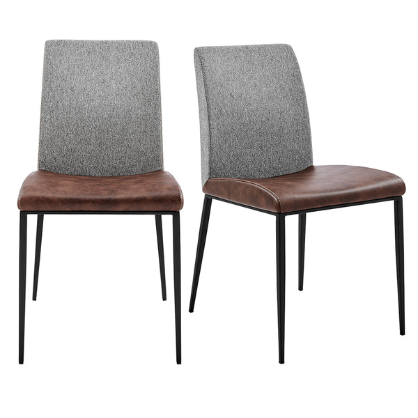 Rasmus Side Chair with Light Brown Leatherette and Gray Fabric with Matte Black Legs - Set of 2