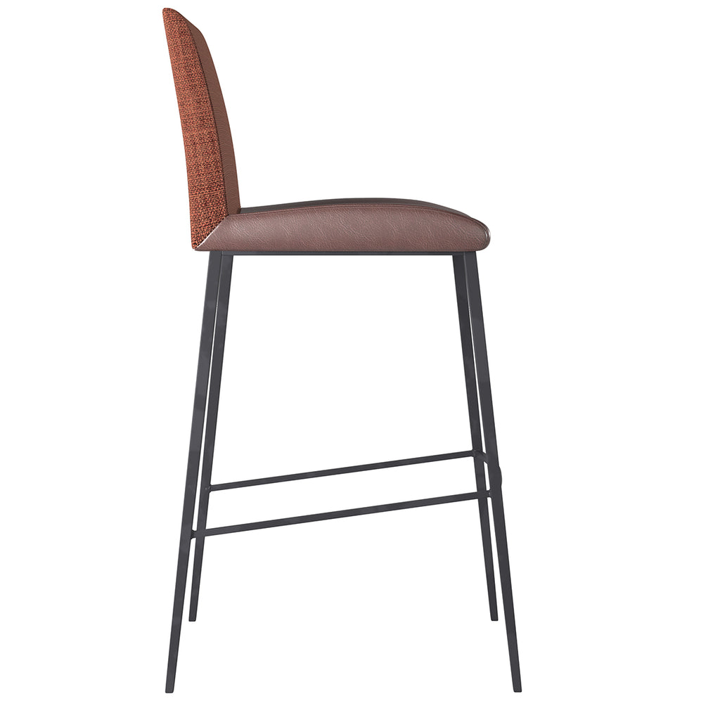 Rasmus-B Bar Stool with Dark Brown Leatherette and Orange Fabric with Matte Black Legs - Set of 2