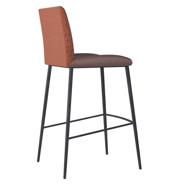 Rasmus-B Bar Stool with Dark Brown Leatherette and Orange Fabric with Matte Black Legs - Set of 2