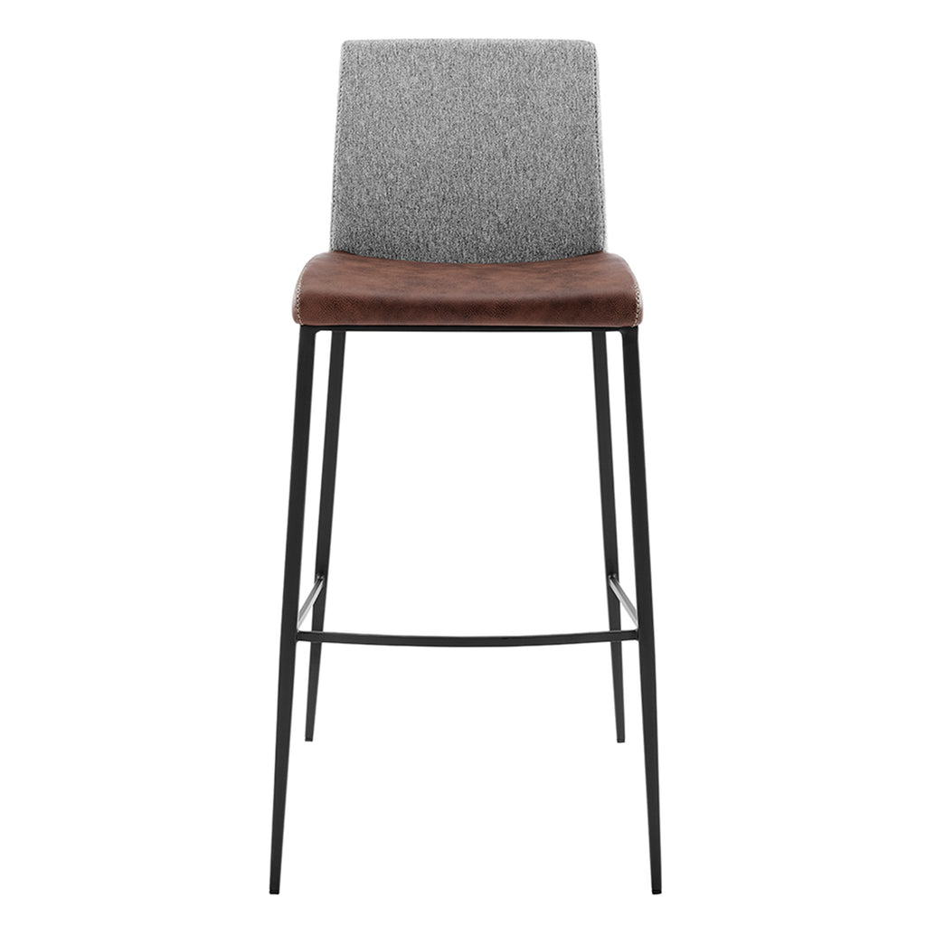 Rasmus-B Bar Stool with Light Brown Leatherette and Gray Fabric with Matte Black Legs - Set of 2