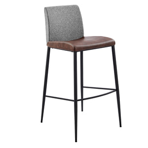 Rasmus-B Bar Stool with Light Brown Leatherette and Gray Fabric with Matte Black Legs - Set of 2