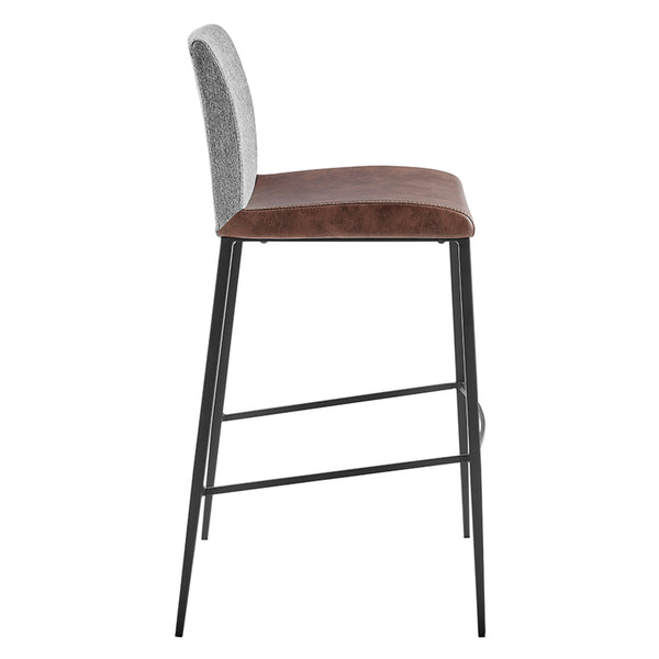 Rasmus-B Bar Stool with Light Brown Leatherette and Gray Fabric with Matte Black Legs - Set of 2