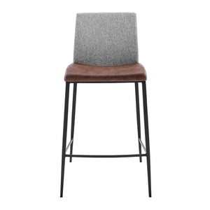Rasmus-C Counter Stool with Light Brown Leatherette and Gray Fabric with Matte Black Legs - Set of 2