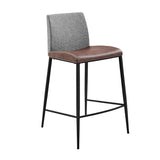 Rasmus-C Counter Stool with Light Brown Leatherette and Gray Fabric with Matte Black Legs - Set of 2