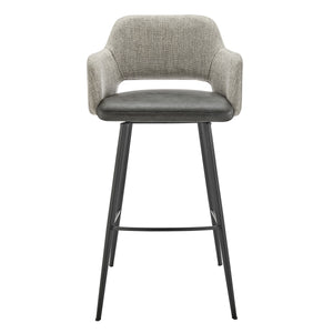Desi Swivel Bar Stool in Gray Fabric and Dark Gray Leatherette with Black Base
