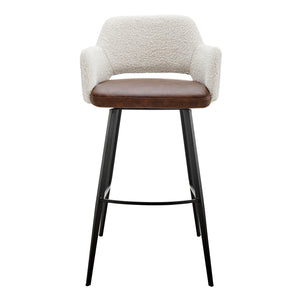 Desi Swivel Bar Stool in Ivory Fabric and Light Brown Leatherette with Black Base