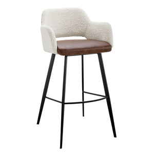 Desi Swivel Bar Stool in Ivory Fabric and Light Brown Leatherette with Black Base