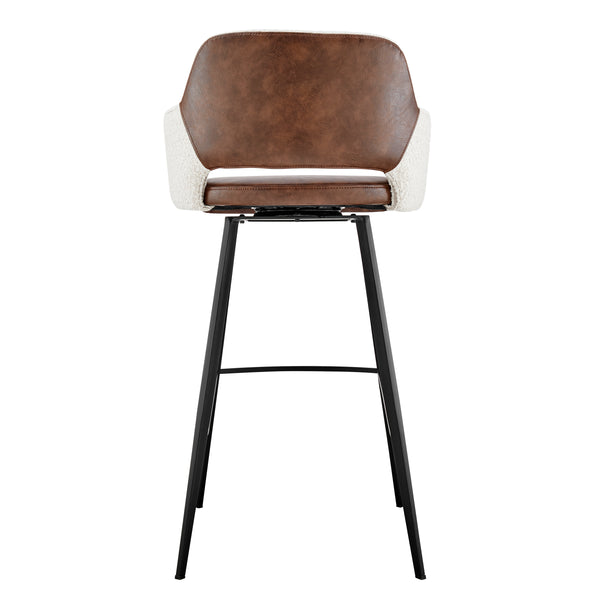Desi Swivel Bar Stool in Ivory Fabric and Light Brown Leatherette with Black Base