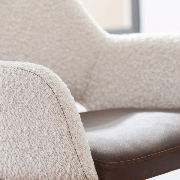 Desi Swivel Bar Stool in Ivory Fabric and Light Brown Leatherette with Black Base