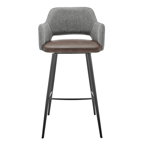 Desi Swivel Bar Stool in Gray Fabric and Light Brown Leatherette with Black Base